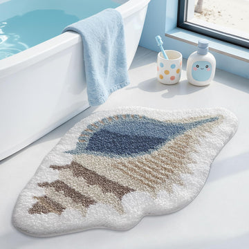 Non Slip Beach Coastal Bathroom Rug, Quick Dry, White Conch, 20x32