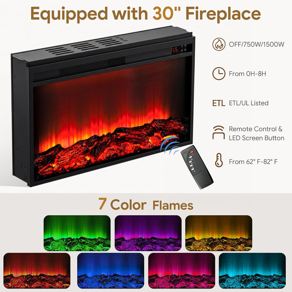 Fireplace TV Stand with 30" Electric Fireplace, Modern Fireplace Entertainment Center Fits TVs up to 70", Fluted Wood