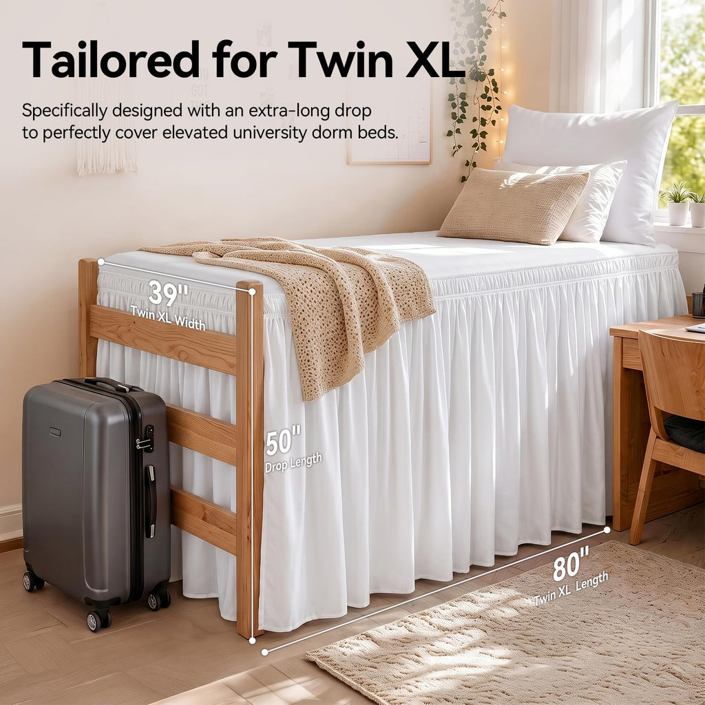 Twin XL Lofted Dorm Bed Skirt 50" Drop, Wrap Around Split Corner, White