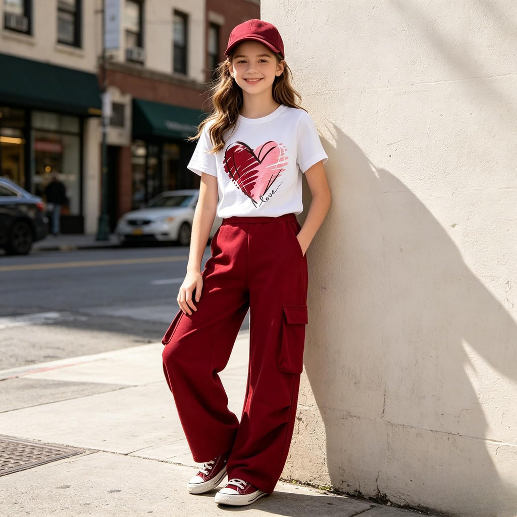 Teen Girls 2 Piece Clothes Short Sleeve Heart Graphic T-Shirt Top + Cargo Pants 2pcs Outfit Set
