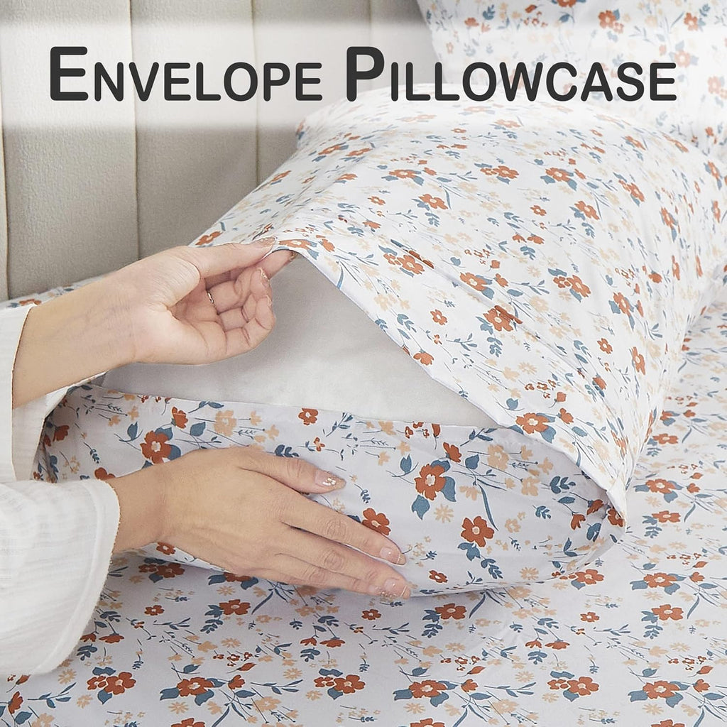Floral Queen Sheet Set Orange Flower Printed Bed Sheets - 4 Piece Soft Microfiber Patterned Fitted Sheets with 15"