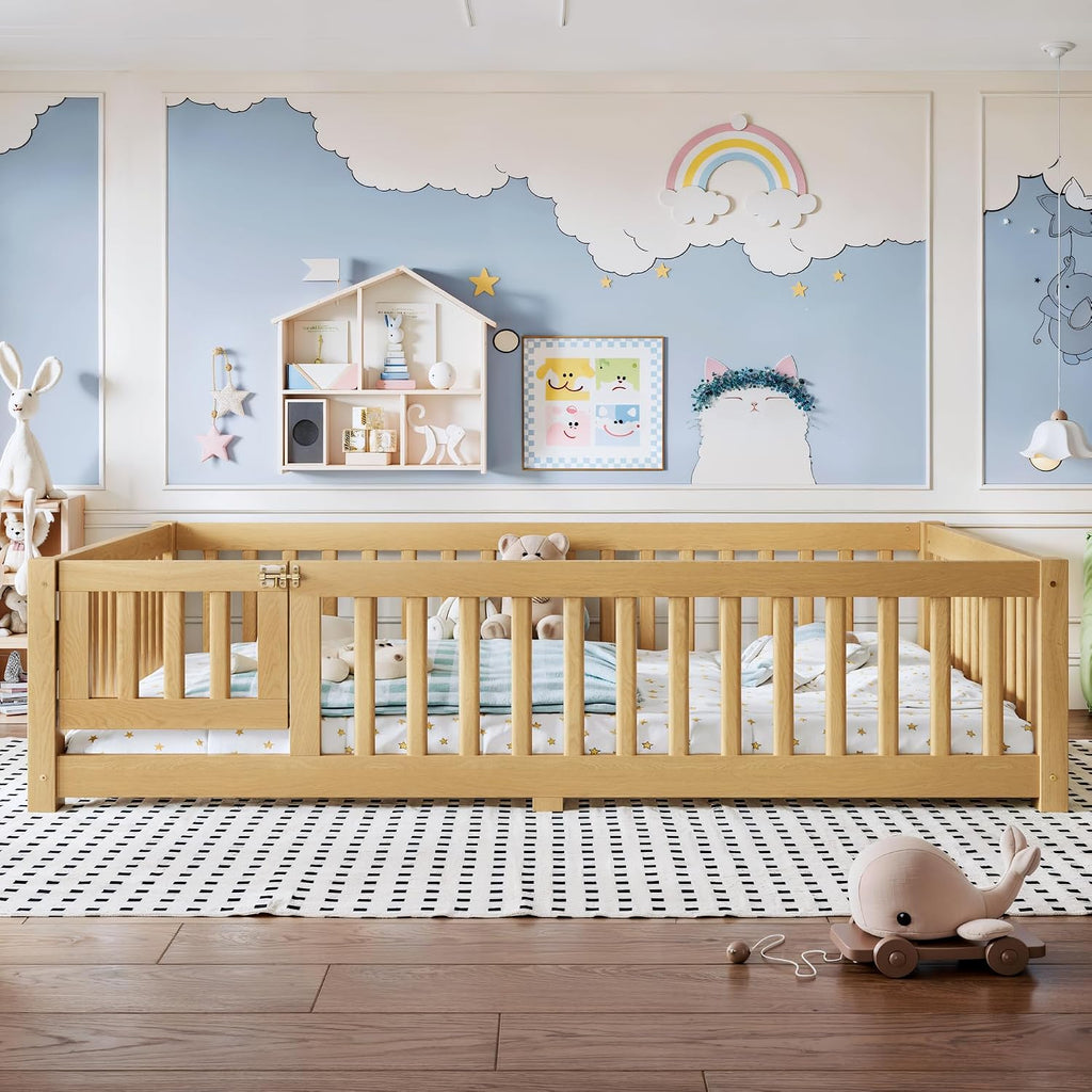 Montessori Floor Bed Frame with Slats and Fence for Kids, Natural