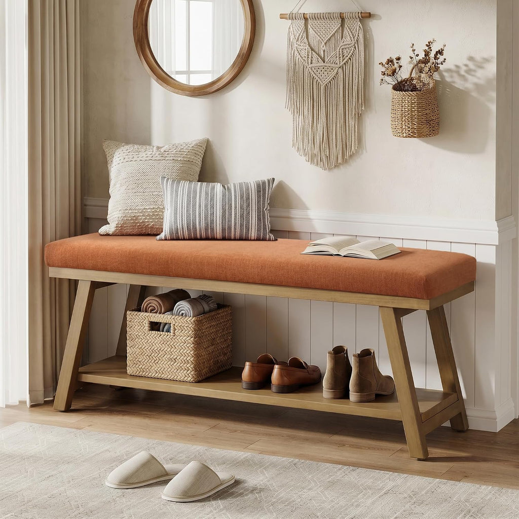 46" Entryway Bench Upholstered Storage Bench (Orange)