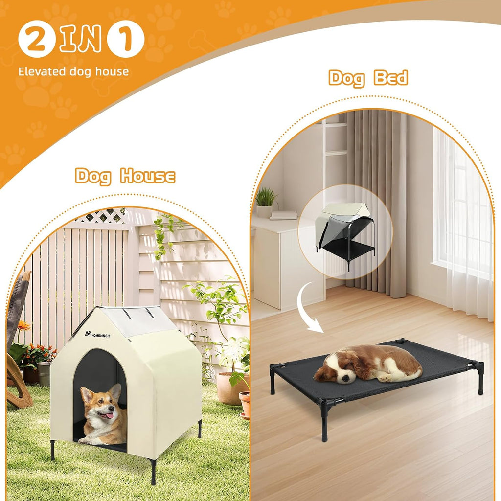 Outdoor Dog House, 2-in-1 Dog House for Small/Medium Dogs, Thicken Weatherproof Canopy Puppy Shelter Elevated Dog Bed