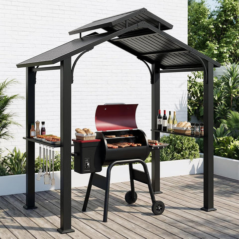 8’x5’ Grill Gazebo, Outdoor BBQ Hardtop Gazebo with Galvanized Steel Double Roof