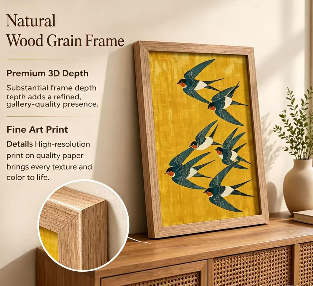 Wood Framed Swallow Wall Art, Vintage Japanese Bird Canvas Print, Japanese Flying Swallow Wall Decor, Cottage