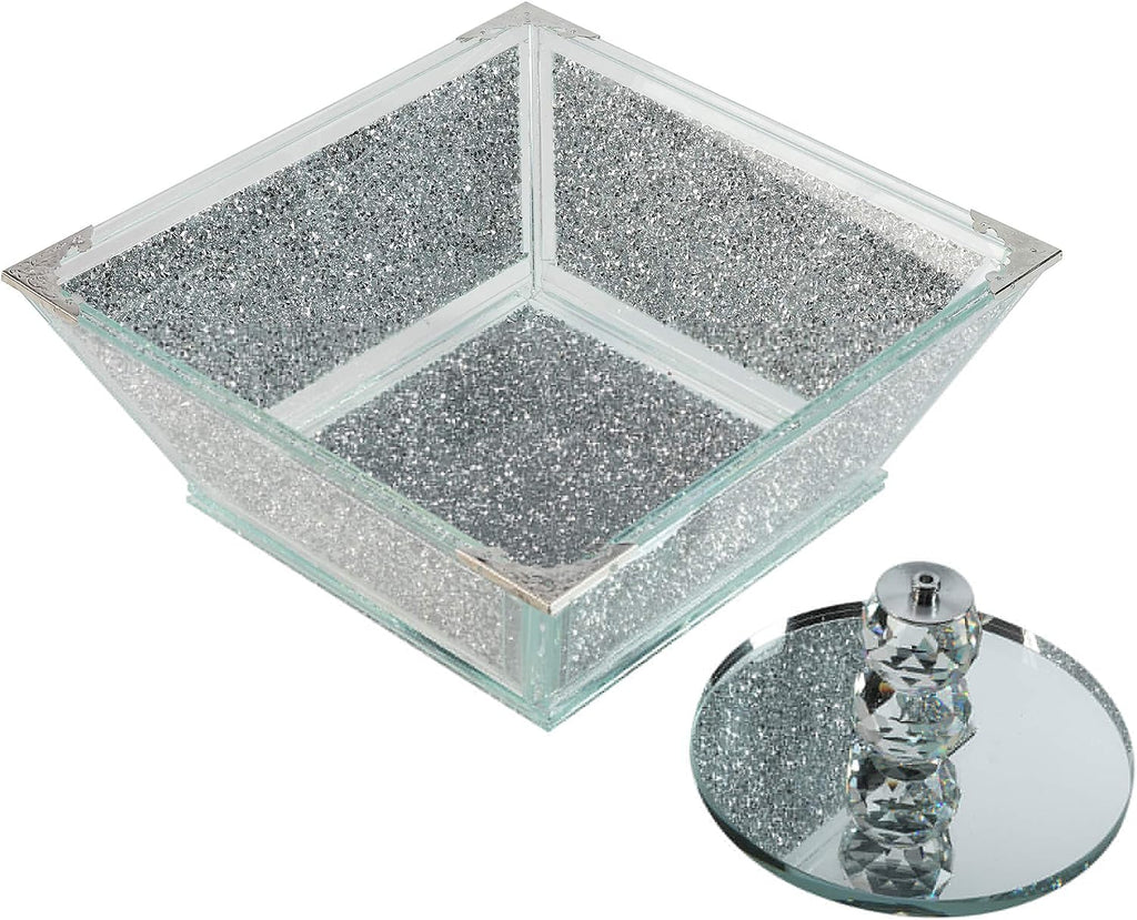 Crystal Extra Large Fruit Bowl Centre Piece Storage Sparkle Crushed Diamond Filled Silver Metal Frame Square Shape