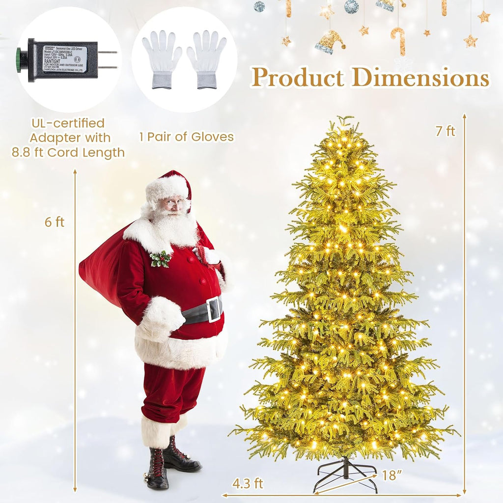 7 FT Pre-Lit Artificial Christmas Tree, Hinged Full Xmas Tree with 1090 PVC & Soft TPE Branch Tips, 370 Warm White