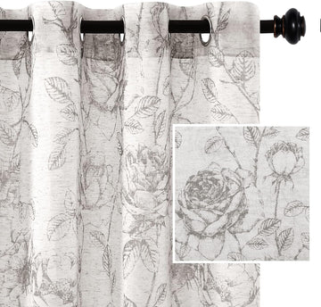 Boho Floral Linen Curtains, Semi Sheer Light Filtering Curtains, Drapes 84 Inch Length 2 Panels Set, Grommet Top