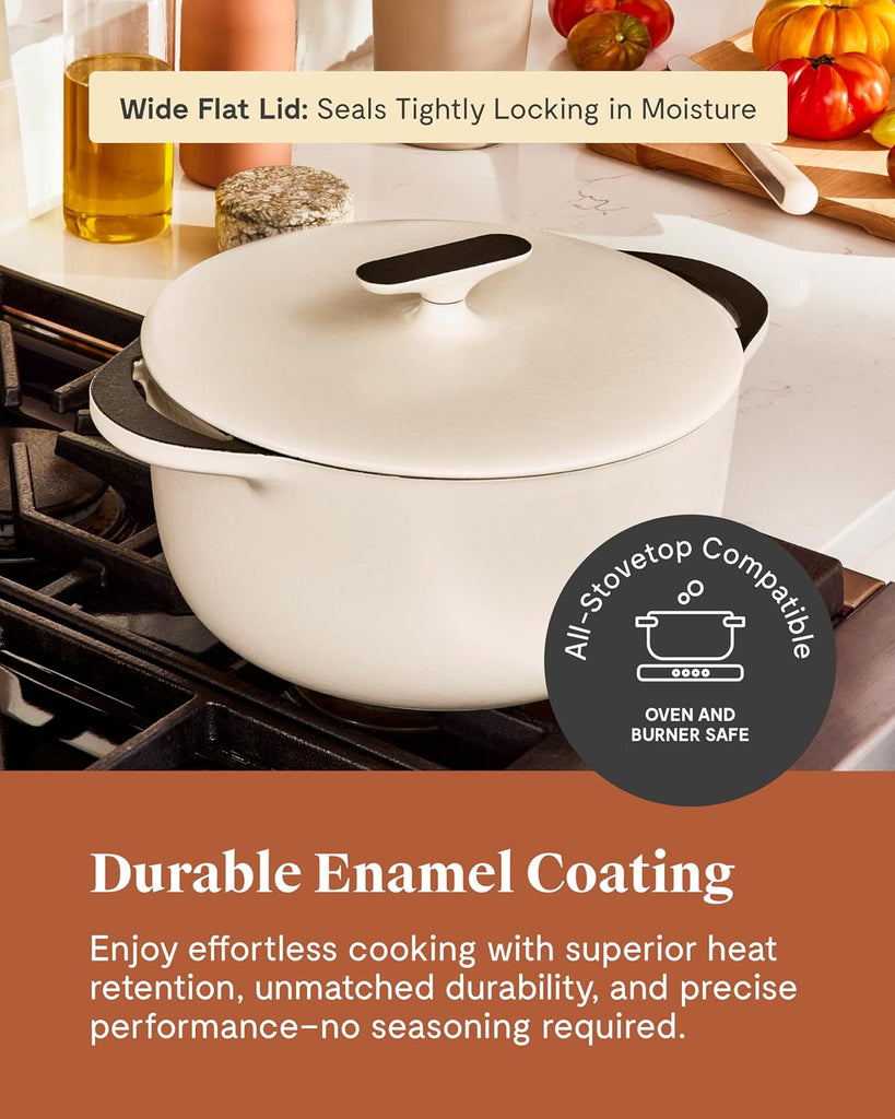 Enameled Cast Iron Round Dutch Oven | 6.5 qt Cast Iron Dutch Oven with Lid, 3 Layer Enamel Coating, No Seasoning