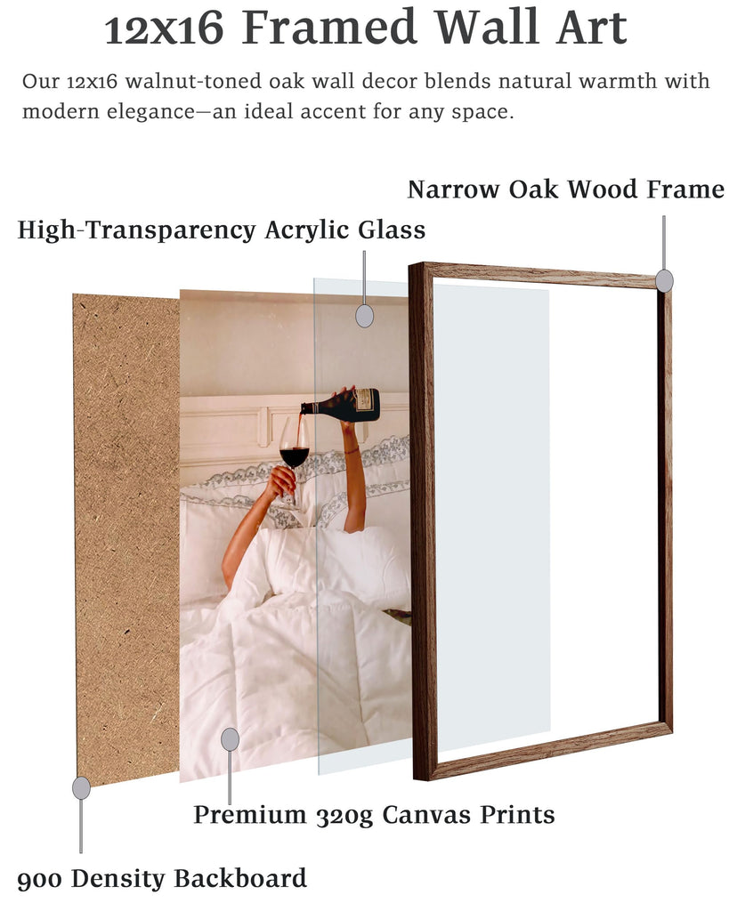 12x16 in Woman Drinking Wine in Bed Framed Wall Art