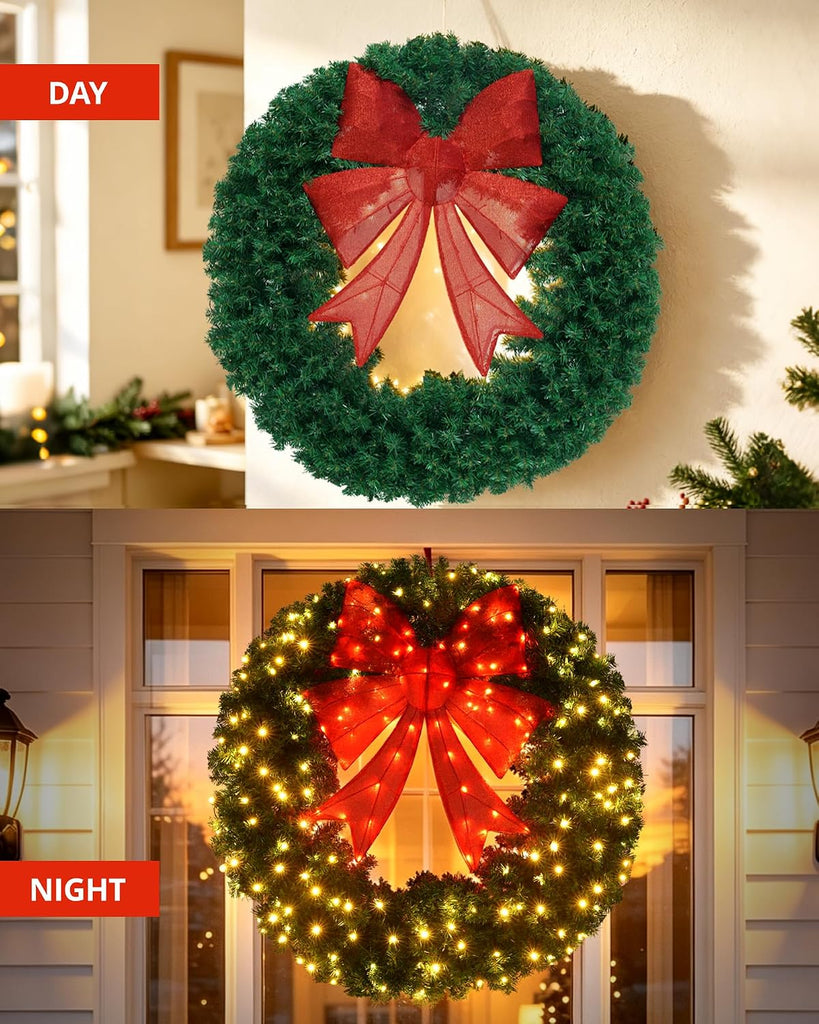 48In Pre-lit Artificial Christmas Wreath Holiday Decoration with 3D Red Bow