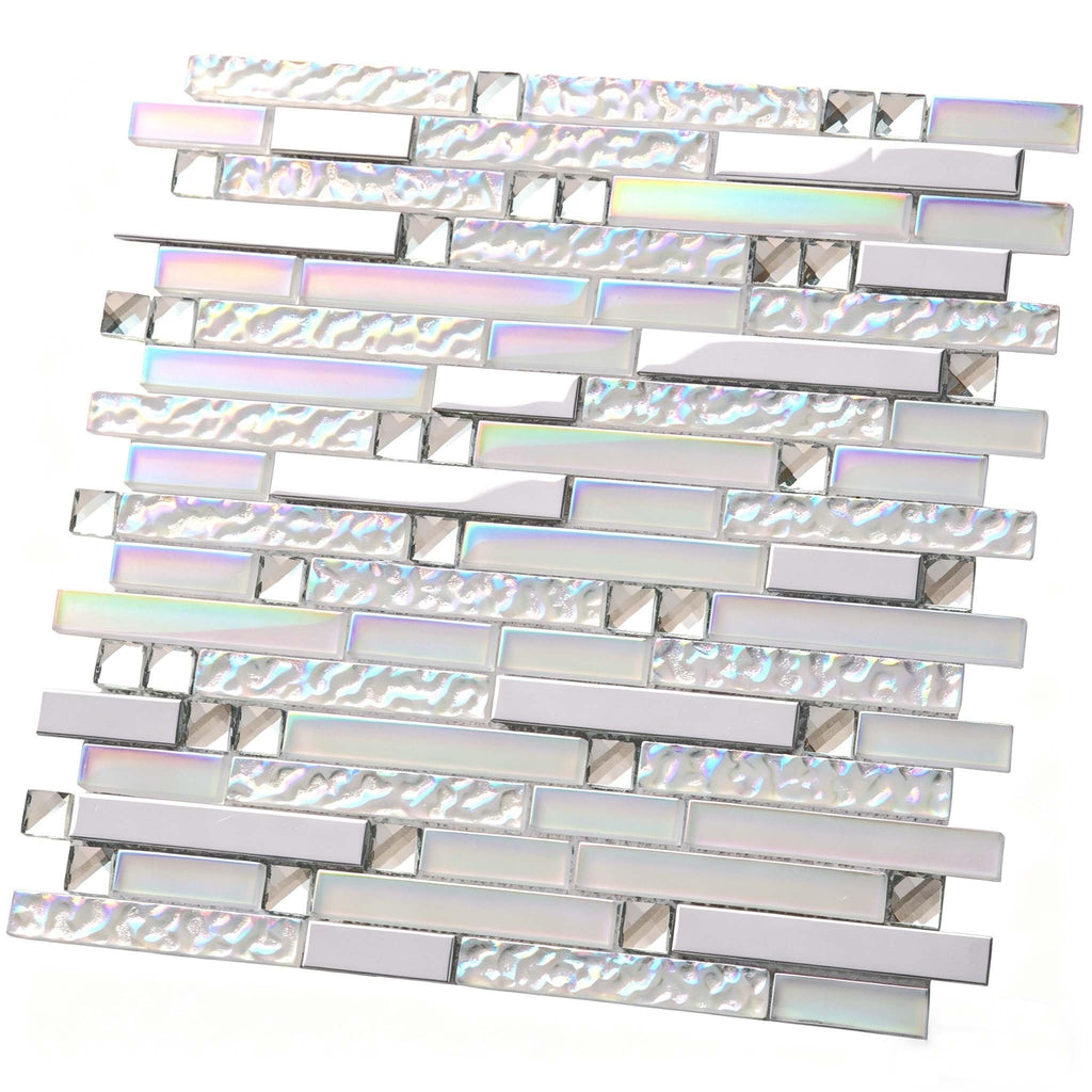 White Silver Glass Metal Tile Kitchen Backsplash 5 Sq Ft