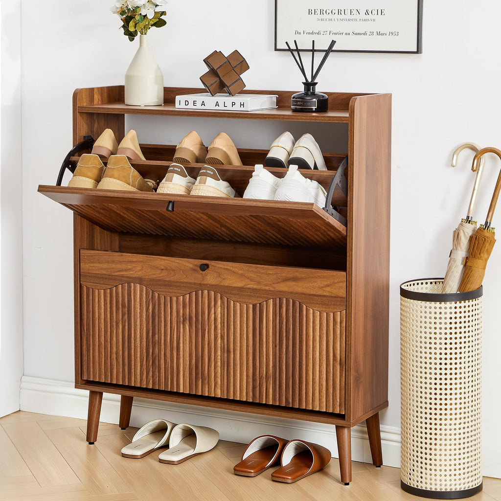 31.5" Fluted Walnut Shoe Storage Cabinet with 2 Flip Drawers