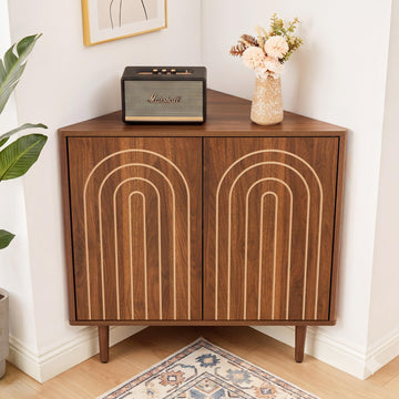 31" Corner Storage Cabinet, Arched Fluted Corner Sideboard with Doors