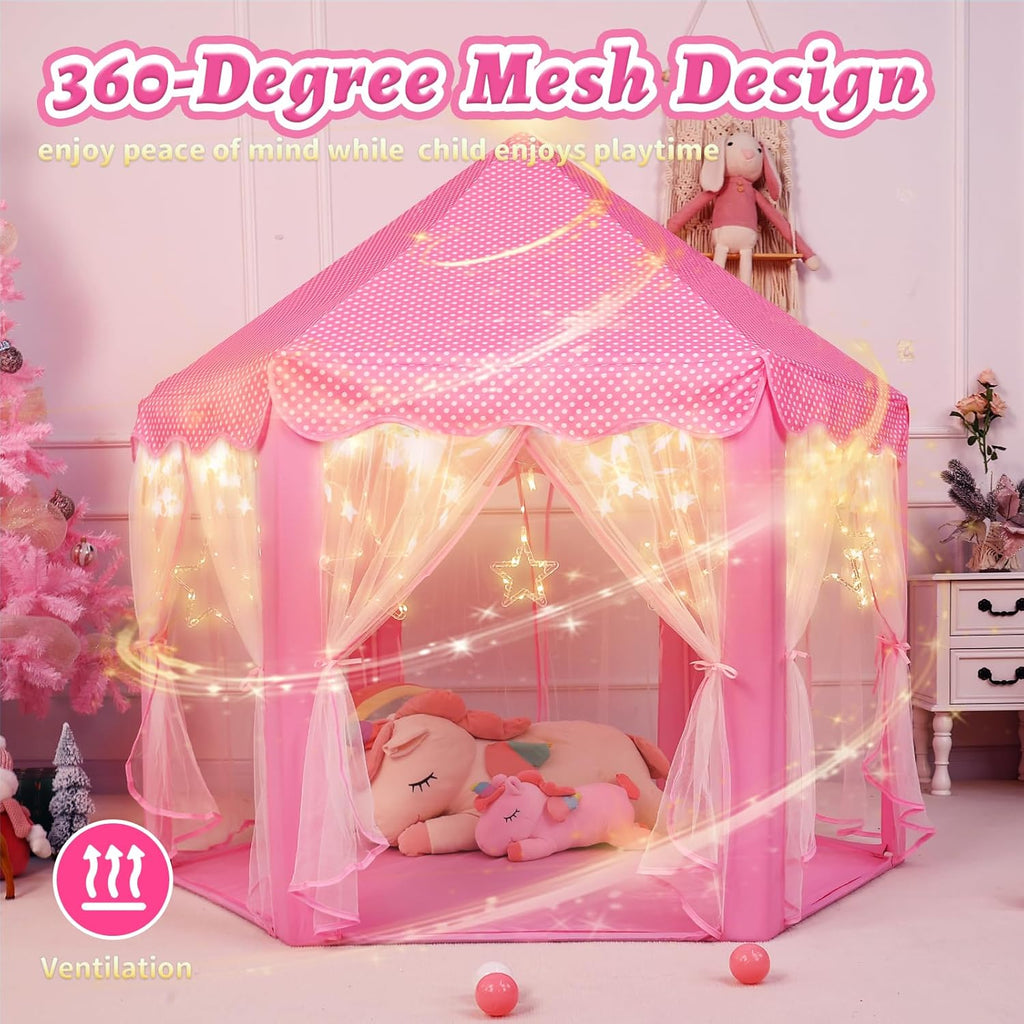 Princess Castle Play Tent for Girls - Large 55'' x 53'' Playhouse with Star Lights for Indoor and Outdoor Play