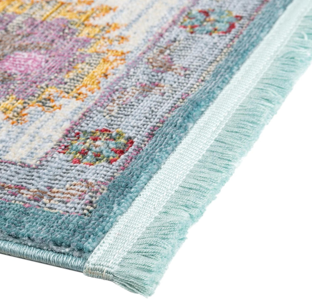 Paragon Rug - 5 Ft Square Aqua and Blue Easy-Clean Area Rug - Vintage Medallion Design s, Bedrooms, and Entryways