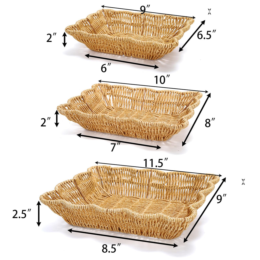 3 Pack Poly Wicker Bread Baskets, Imitation Rattan Fruit Baskets, Rectangular Tabletop Woven Serving Baskets Trays