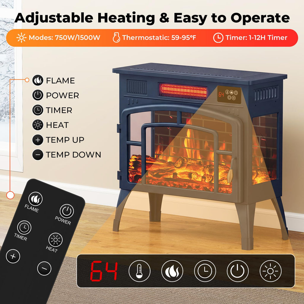 23" Electric Fireplace Heater, Freestanding Fireplace Stove, Infrared Heating, 3D Flame, Thermostat, Overheat
