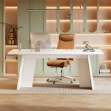 White Executive Desk, 63" Large Office Computer Conference Meeting Table with Wooden Robust Pedestal