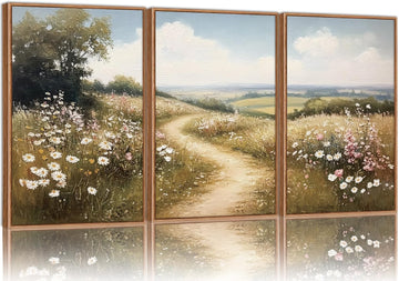 Rustic French Country Framed Canvas Wall Art, Vintage Flower Field Wall Decor, Calming Nature Landscape Art