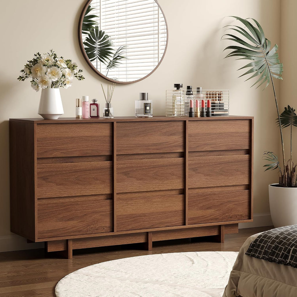 Walnut Dresser , 59" Wide 9 Drawer Dresser, Mid Century Modern Dressers Chest of Drawers, Wooden Large Dressers
