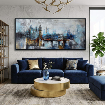 Large Wall Abstract City View Canvas Gray Blue Buildings Prints Wall Office Artwork Wall Decor Decor 31x70 inches