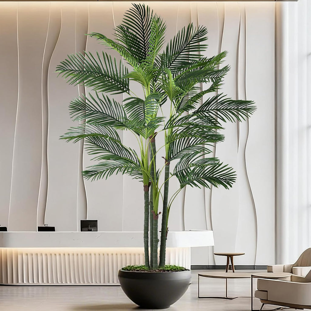 Palm Tree 8FT(96in) Tall Faux Tree with Large Trunks and 32 Realistic Leaves, Fake Tropical Floor Potted Artificial