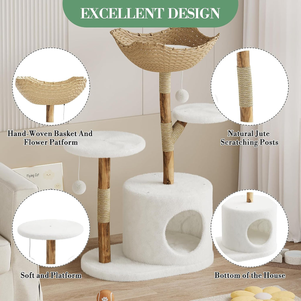 Real Solid Wood Modern Cat Tree Tower with 2 Platforms, Aesthetic Cat Tree for Indoor Cats, Kittens Condo