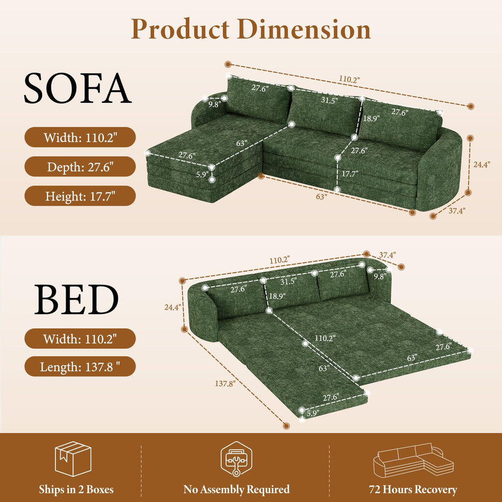 6 in 1 Folding Sofa Bed, Boneless Sectional Sleeper Couch, Green