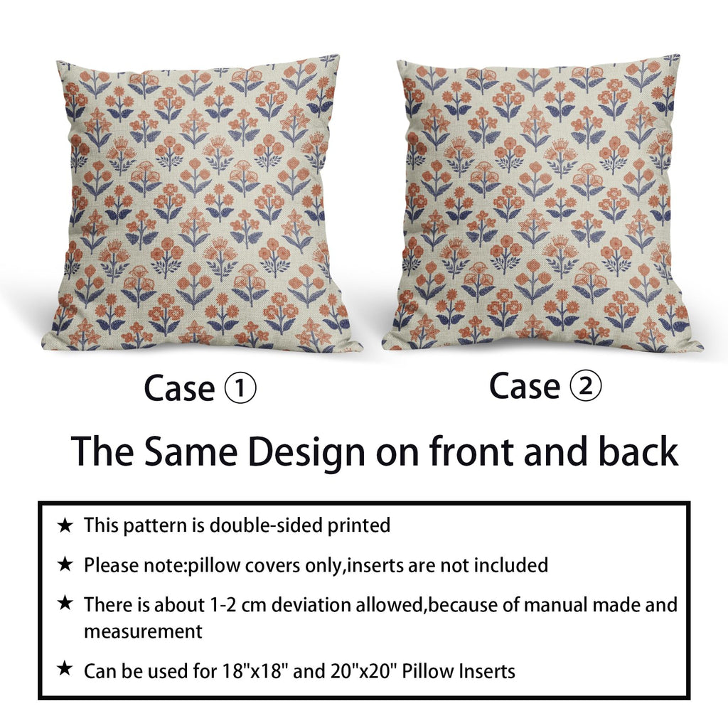 Navy Blue Orange Floral Block Print Pillow Covers 18x18 Inch Set of 2, Fall Vintage Flower Pattern Decorative Throw