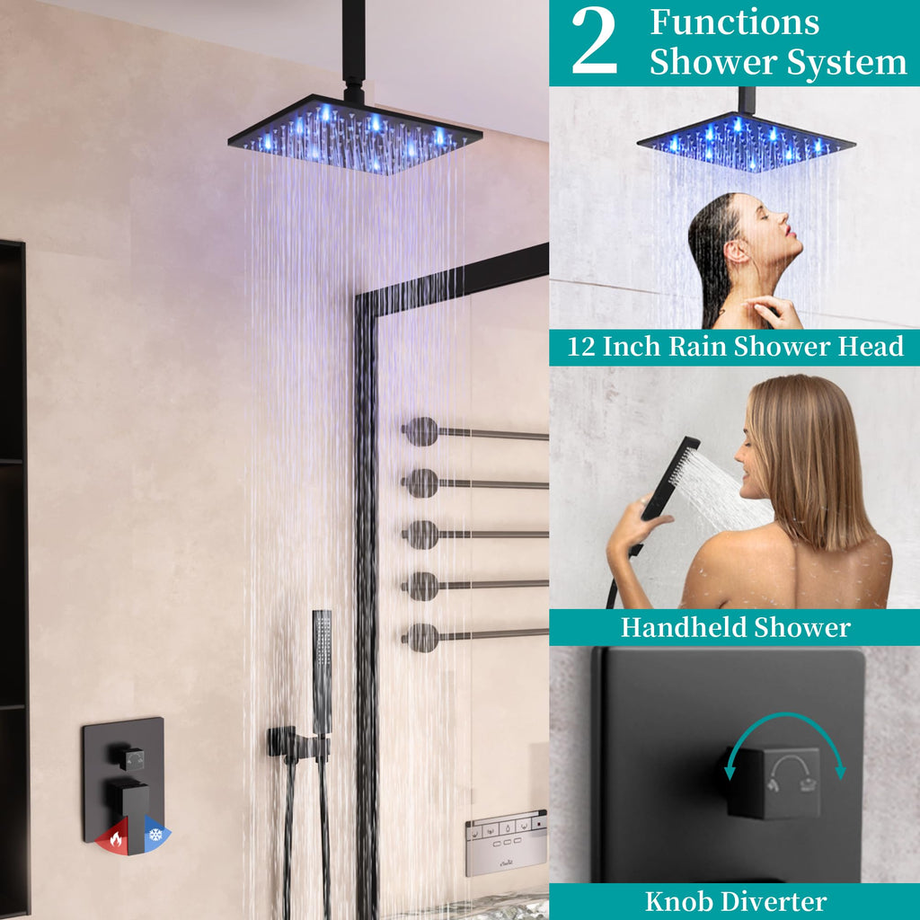 Ceiling Mount Shower System, LED 12 Inch Full Body Shower Head