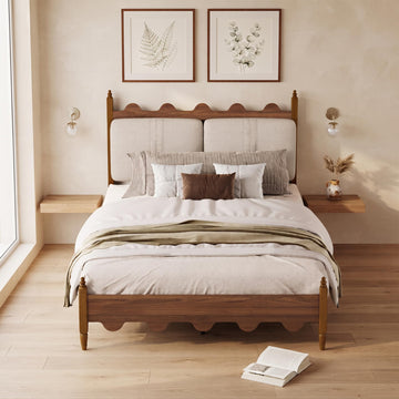 Vintage Platform Bed, Queen Bed Frame with Wave Upholstered Headboard