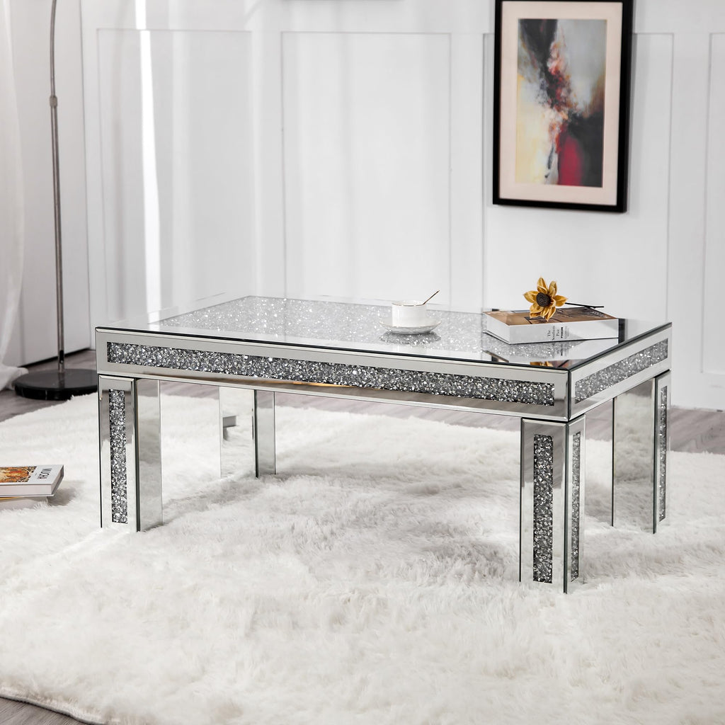 43.3" Silver Mirrored Coffee Table with Crushed Diamond Inlay