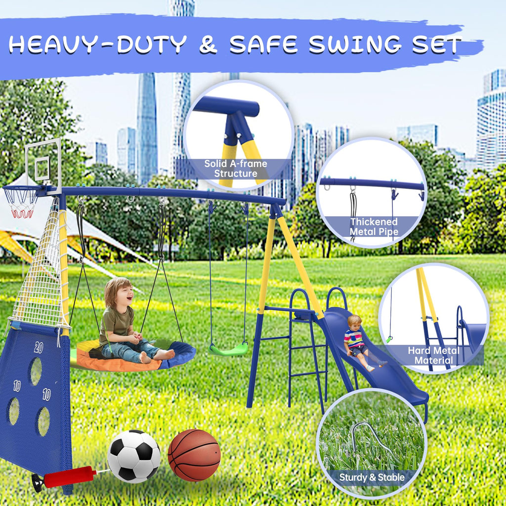 5-in-1 Kids Swing Sets for Backyard with Slide