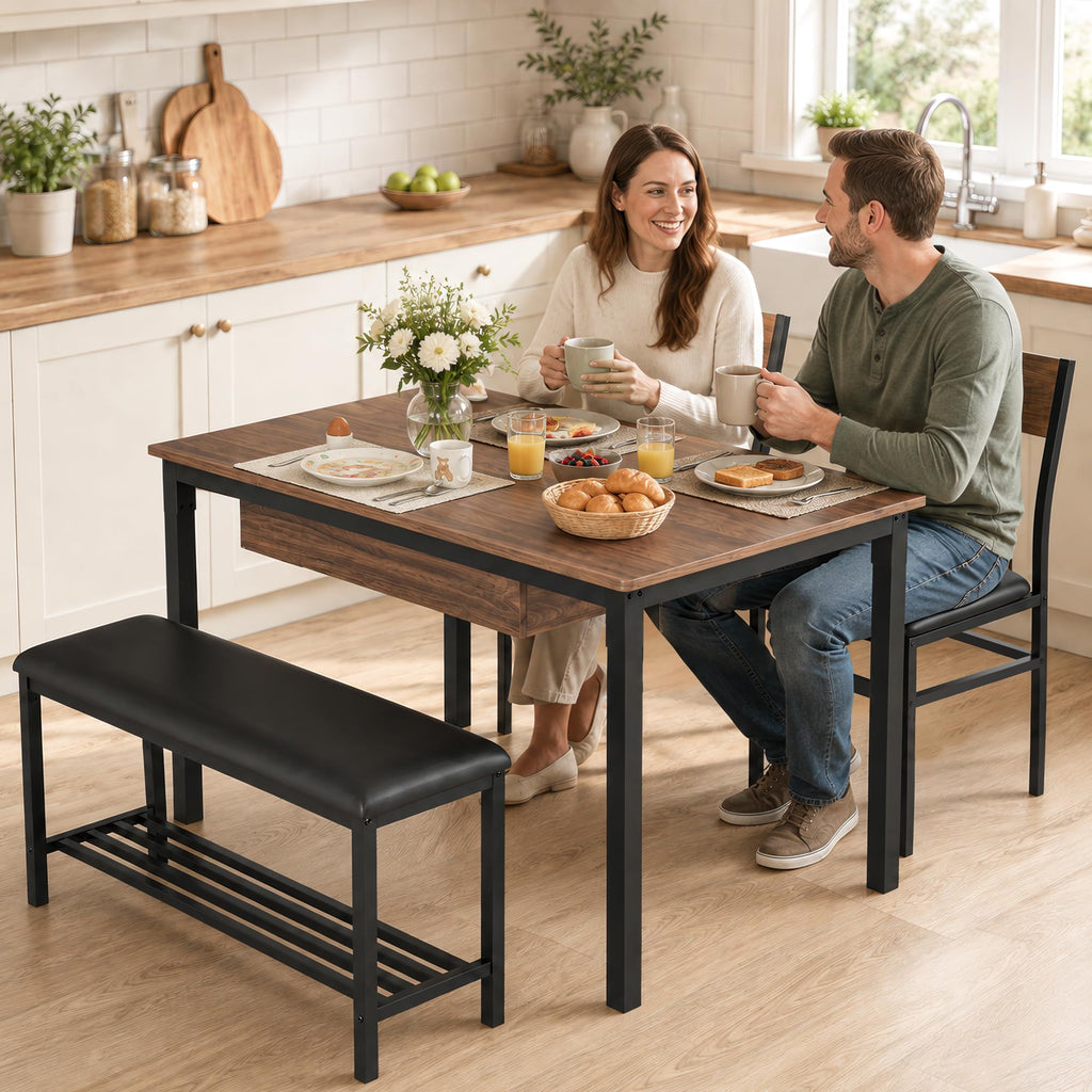 43.3" Dining Room Table Set for 4, Drawer, 2 Chairs & Bench, Walnut