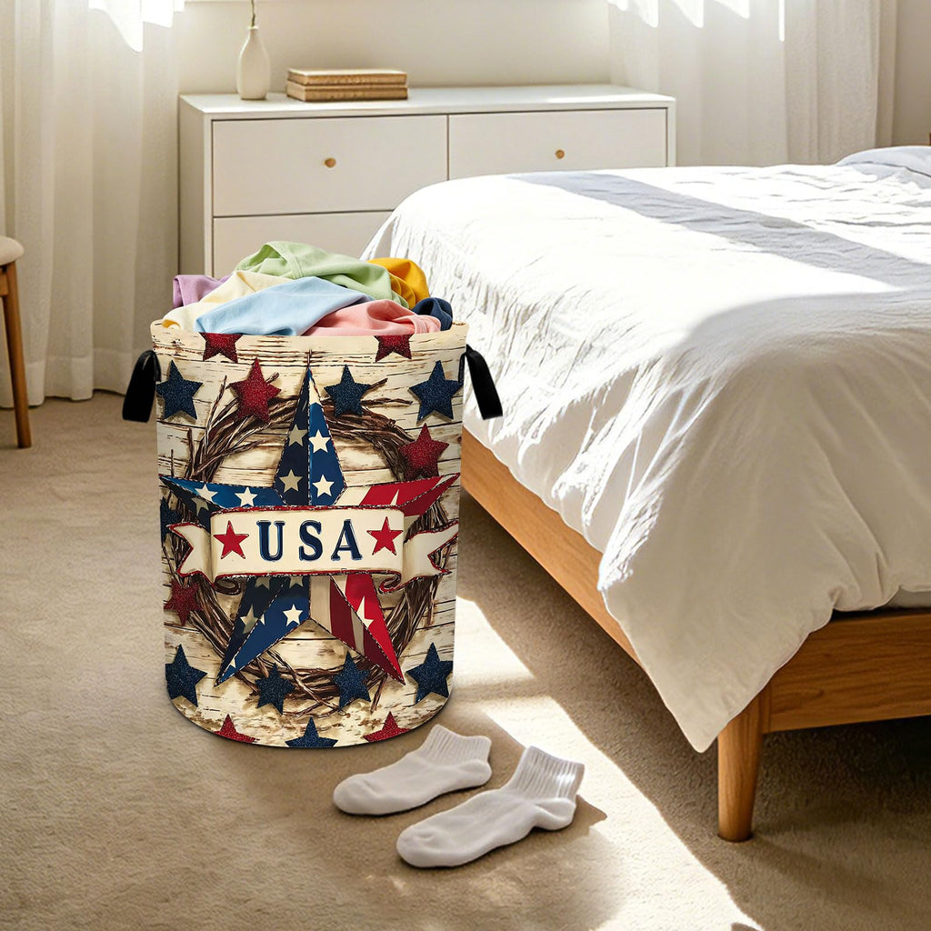4th of July Wooden Print Star Laundry Basket Foldable Laundry Hamper With Handles Clothes Storage Bucket Organizer