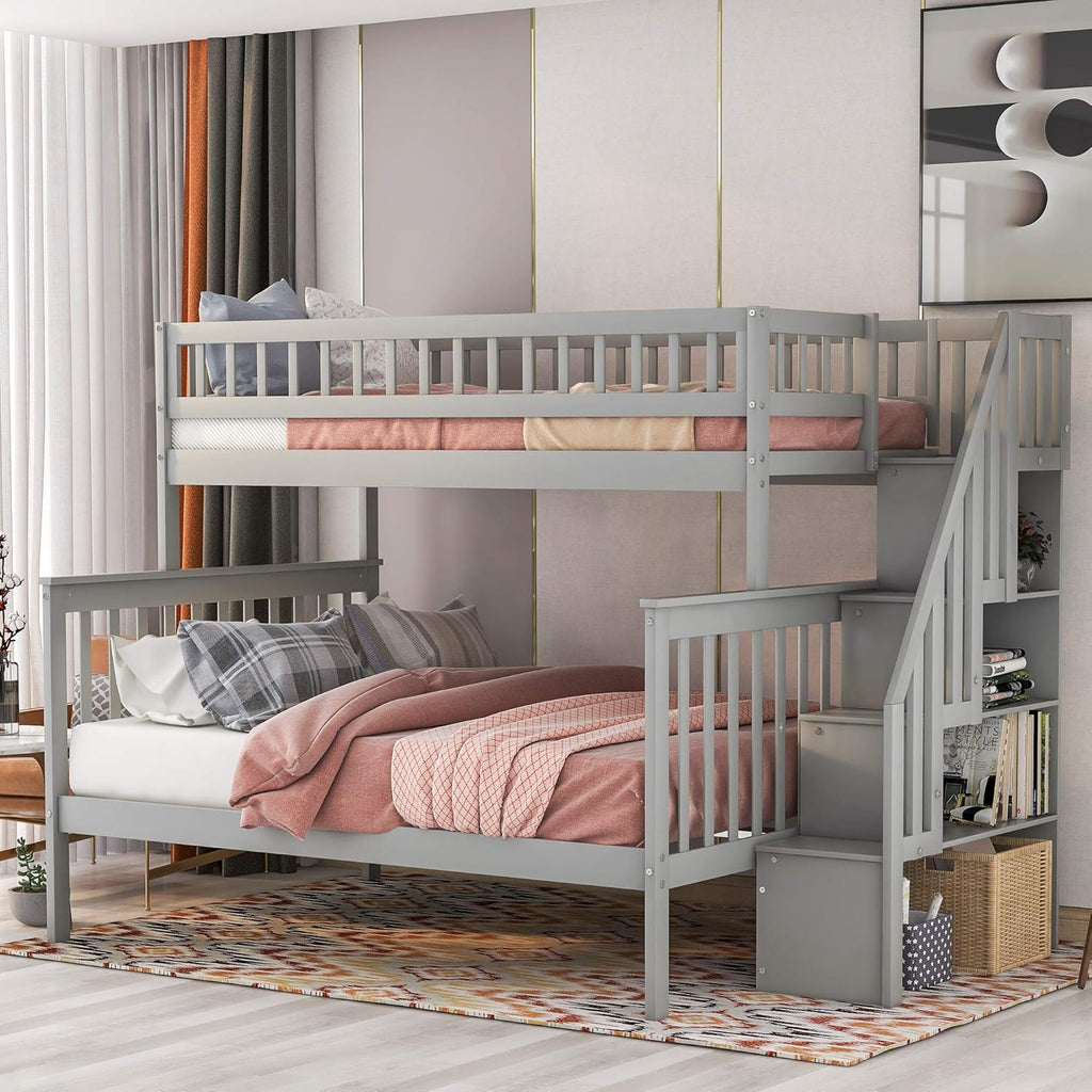 Twin Over Full Bunk Bed with Stairs, Wood Bed Frame with Storage Space and Guard Rail for Bedroom, Dorm, for Teens