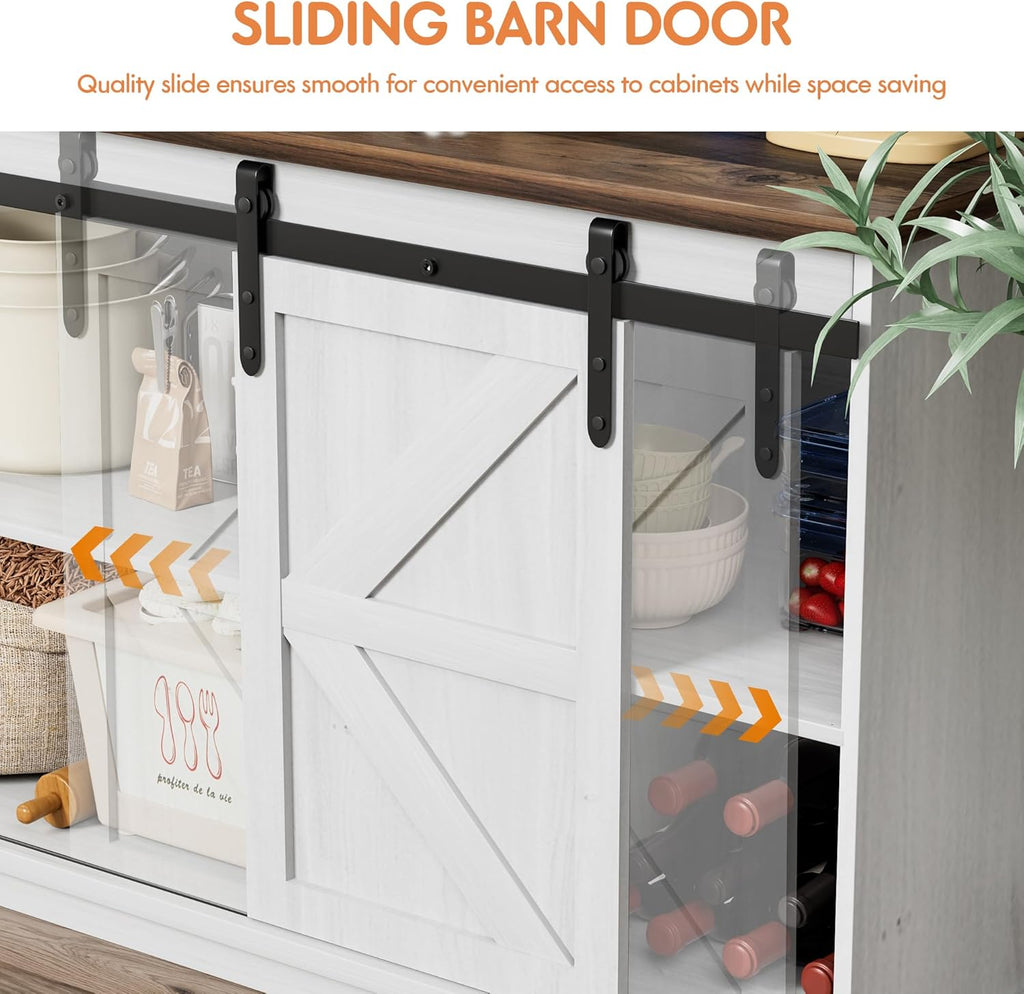 Farmhouse Sideboard Buffet Cabinet, Coffee Bar Storage with Sliding Barn Doors, Shelf for Home Dining Room, White