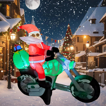 6FT Inflatable Motorcycle with Santa Outdoor Decoration, Christmas Blow Up Yard Decorations, Built-in LED Lights