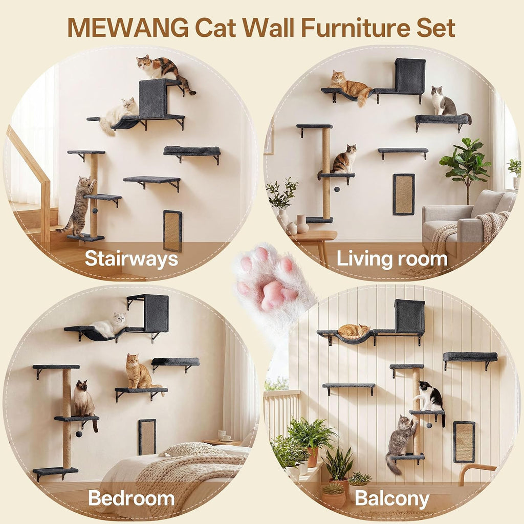 Cat Wall Shelves, 5-in-1 Cat Wall Furniture Set, Grey