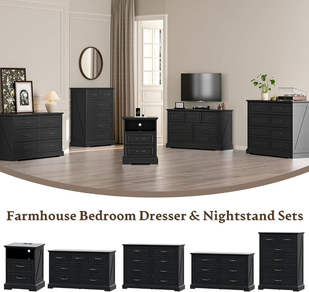 Farmhouse 8 Drawers Dresser , 48" Wide Modern Chest of Drawers with Deep Drawers & Bar Handles, Wood Dresser TV