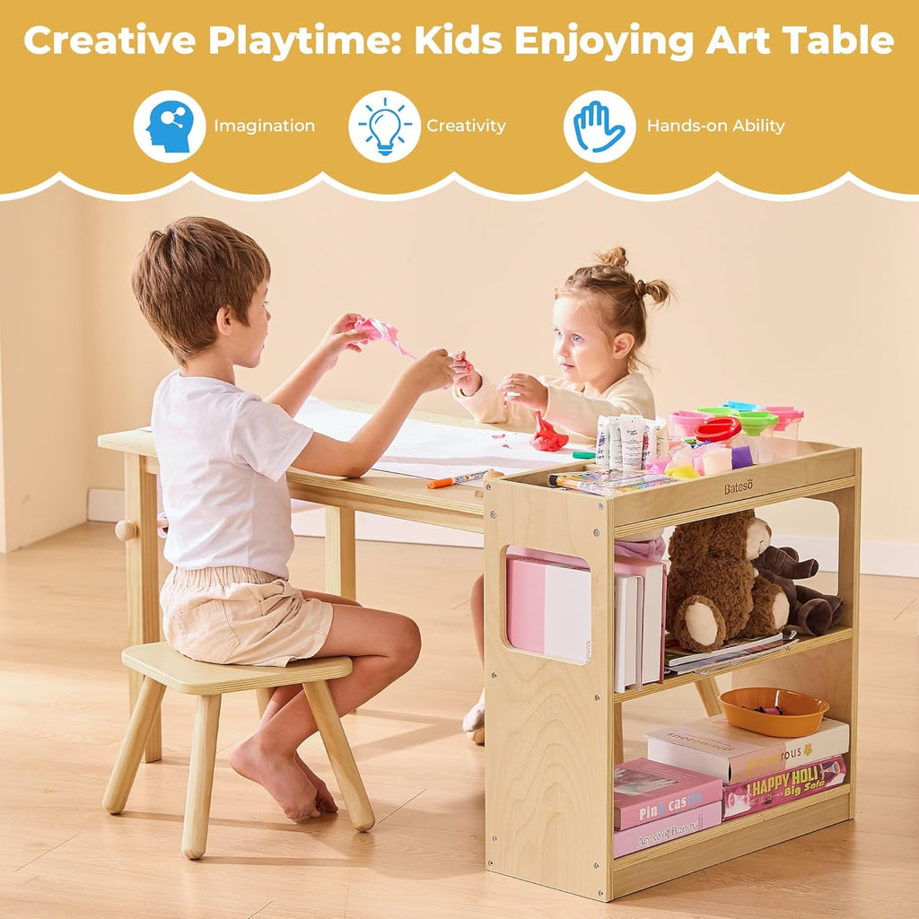 Kids Art Table and 2 Chairs Set with Roll Paper & Storage, Wooden Kid Craft Table for Drawing, Learning and Reading