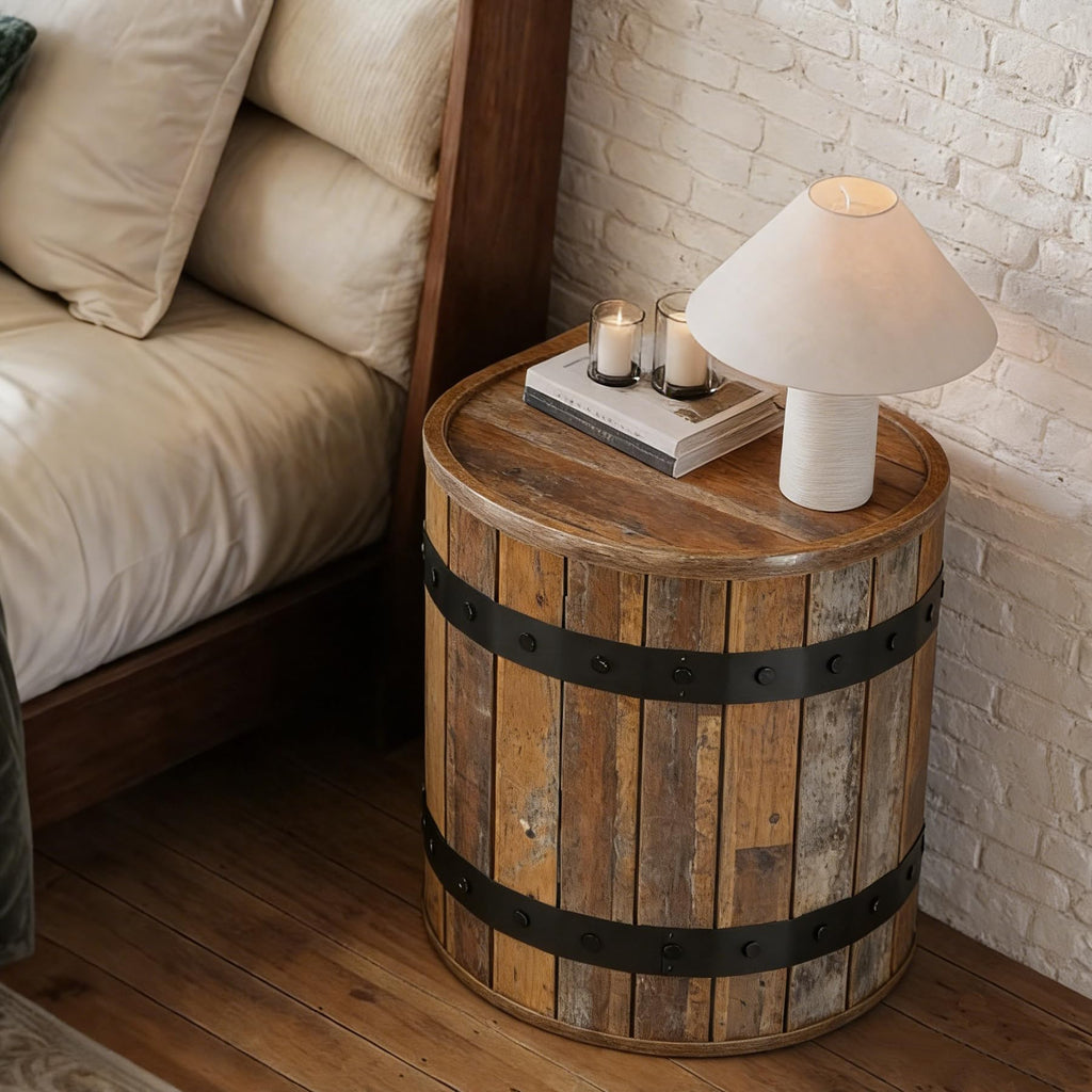 Barrel Side Table with Hidden Storage, 19.68" Farmhouse Round Rustic Wood End Table with Removable Lid, 24" Tall Sofa