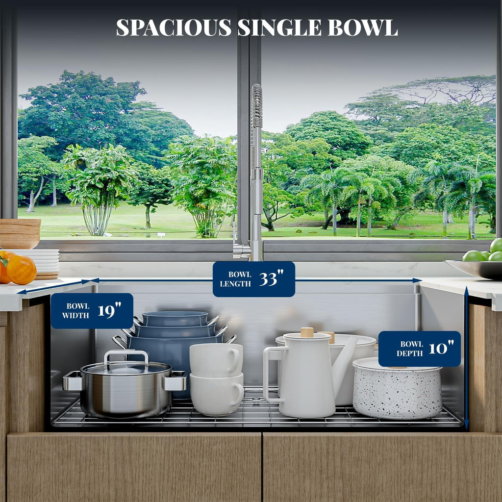 Undermount Kitchen Sink 33×19×10 inch Single Bowl with Ledge, Premium Stainless Steel, Includes Drain and Grid, Ideal