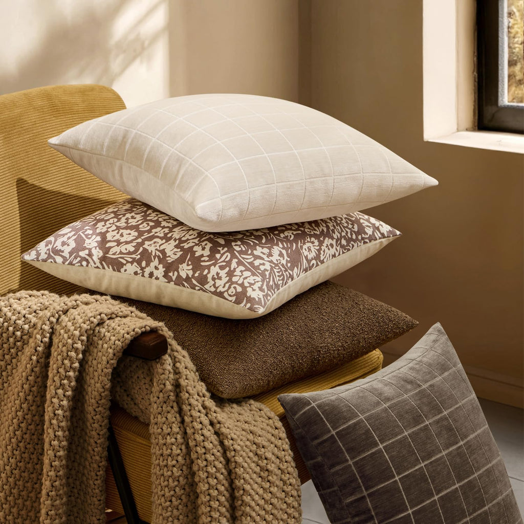 Beige Plaid Decorative Throw Pillow Covers 18x18 Set of 2