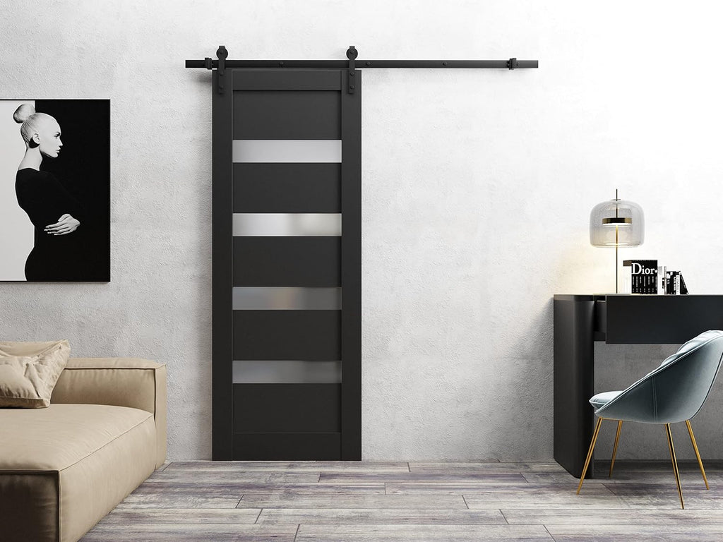 Quadro 4113 | Interior Single Sliding barn Door with Frosted Glass, MDF, 36x84, Black, Modern Style 