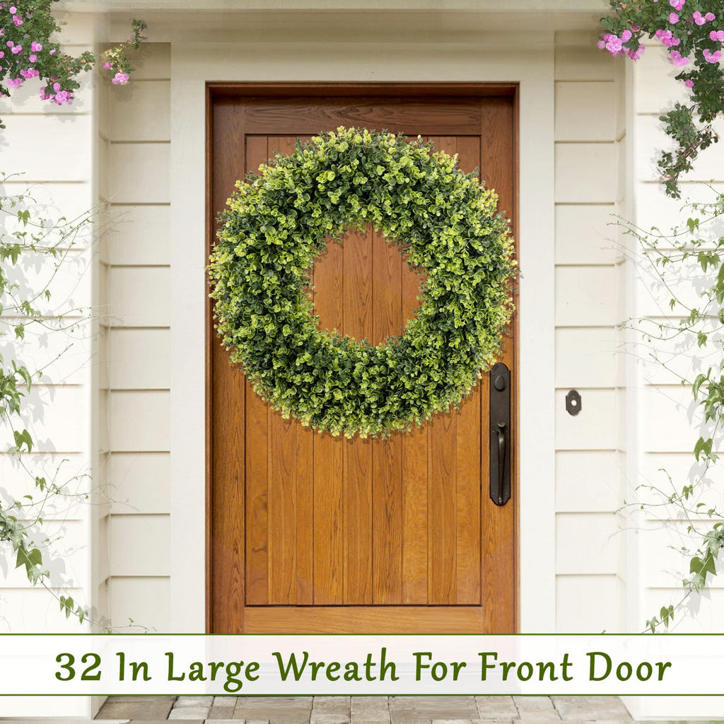 32 Inch Extra Large Boxwoods Green Spring Artificial Wreath for Front Door, Year Round Spring Summer Winter Wreaths