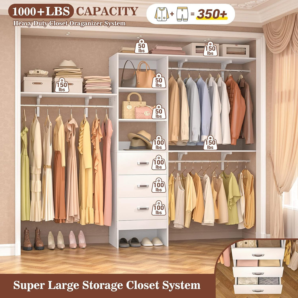 8FT Closet System, 96'' Closet Organizer System with 3 Hanging Rods, Wall Mount Bedroom Wardrobe with 3 Drawers