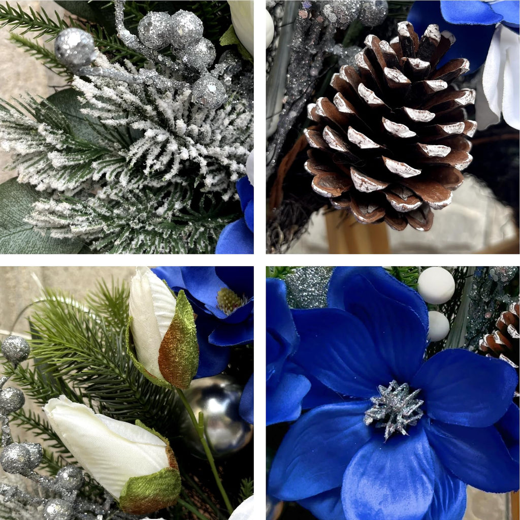 24 Inch Blue Magnolia Winter Door Wreath with Bow & Silver Ornaments